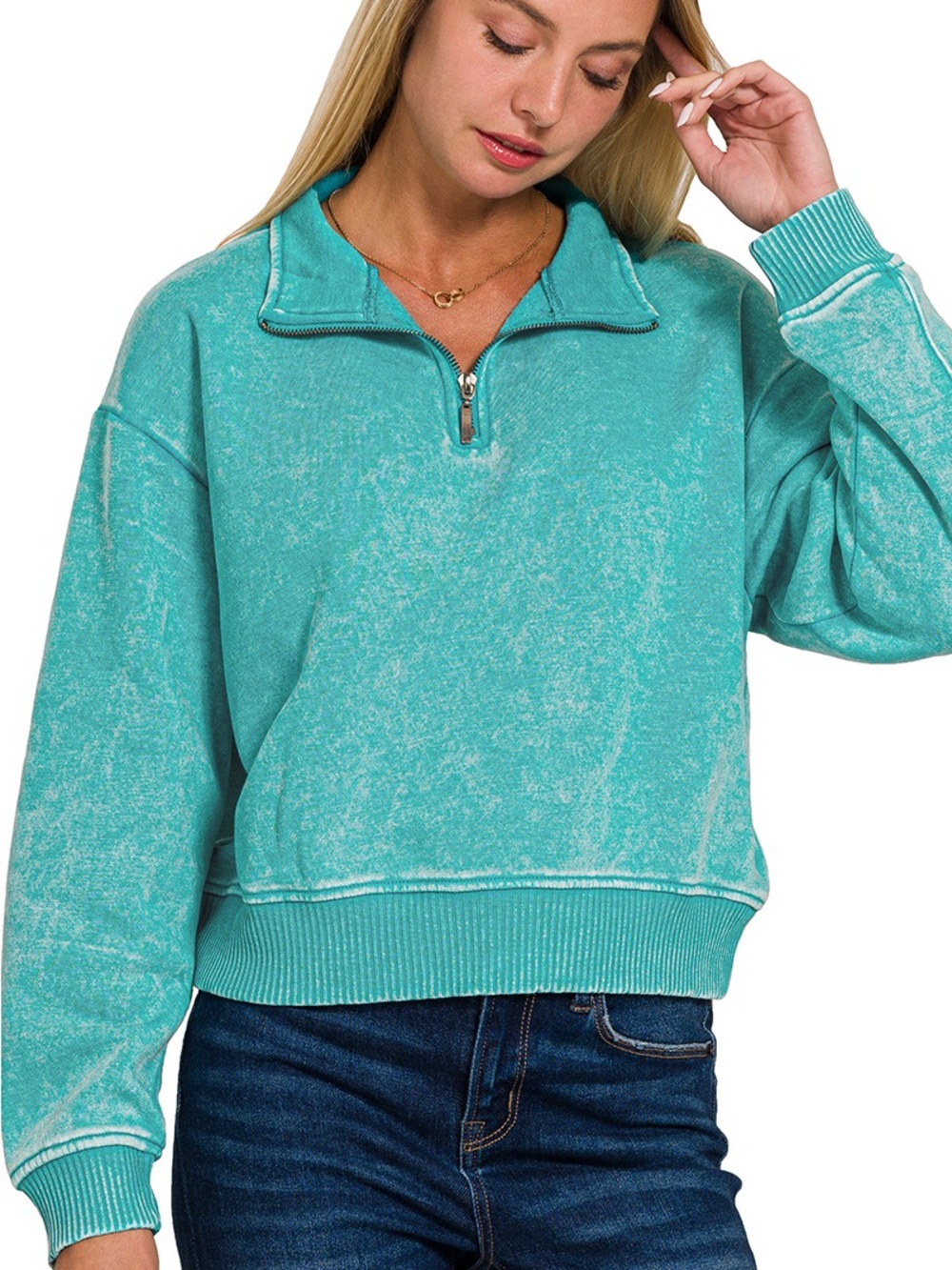 ZENANA TEAL ACID WASH FLEECE HALF ZIP PULLOVER NWT